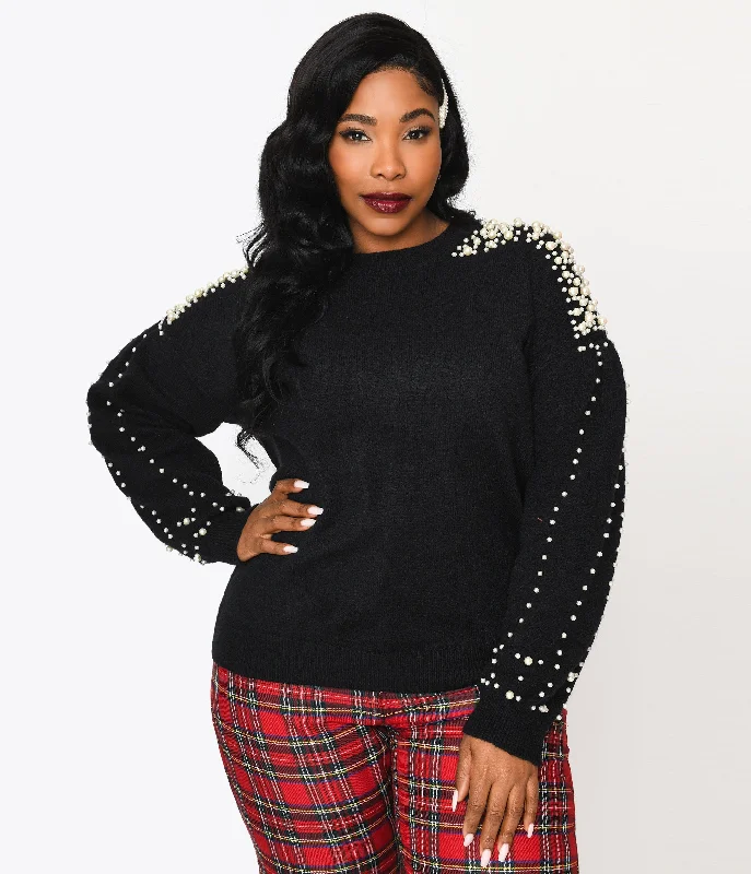 Plus Size Black & Faux Pearl Studded Knit Sweater