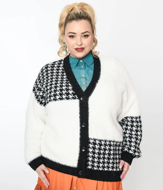 Plus Size Black Houndstooth & White Color Block Fuzzy Cardigan