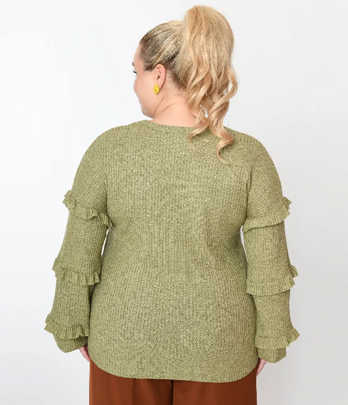 Plus Size Olive Green Ruffle Trim Ribbed Pullover Sweater