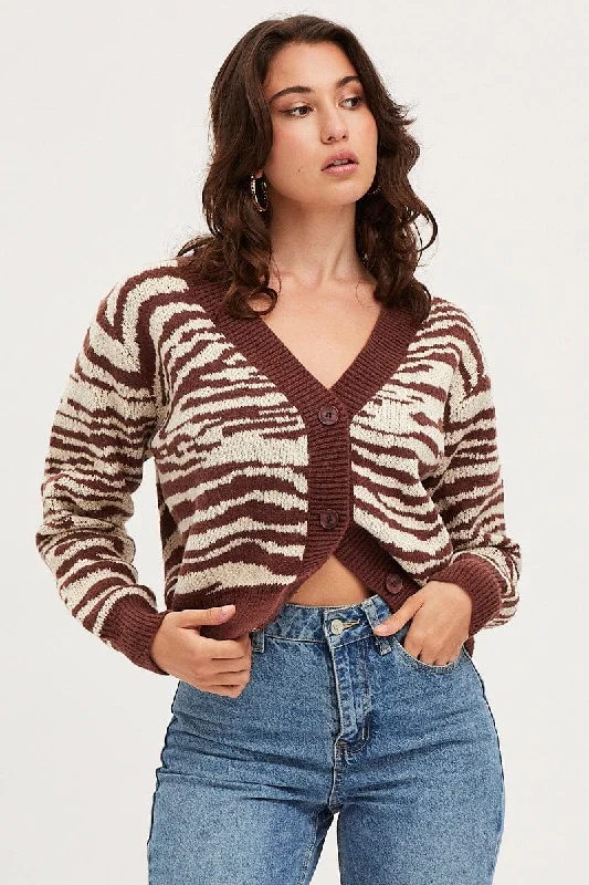 Print Knit Cardigan Long Sleeve Crop