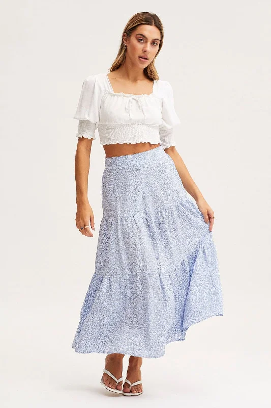 Print Midi Skirt High Rise Tiered