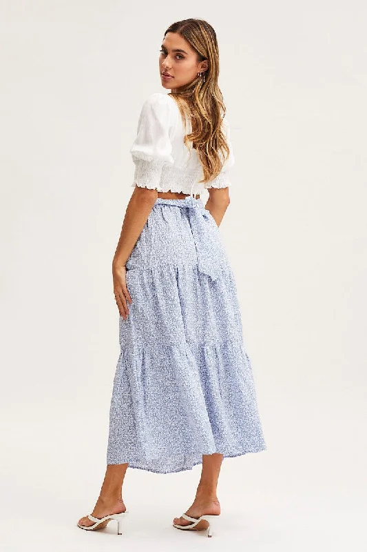 Print Midi Skirt High Rise Tiered