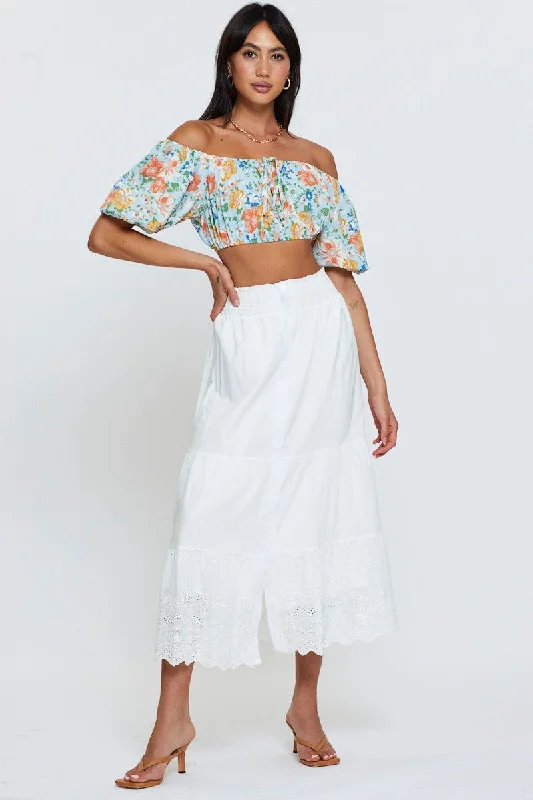 Print Top Short Sleeve Crop Off Shoulder