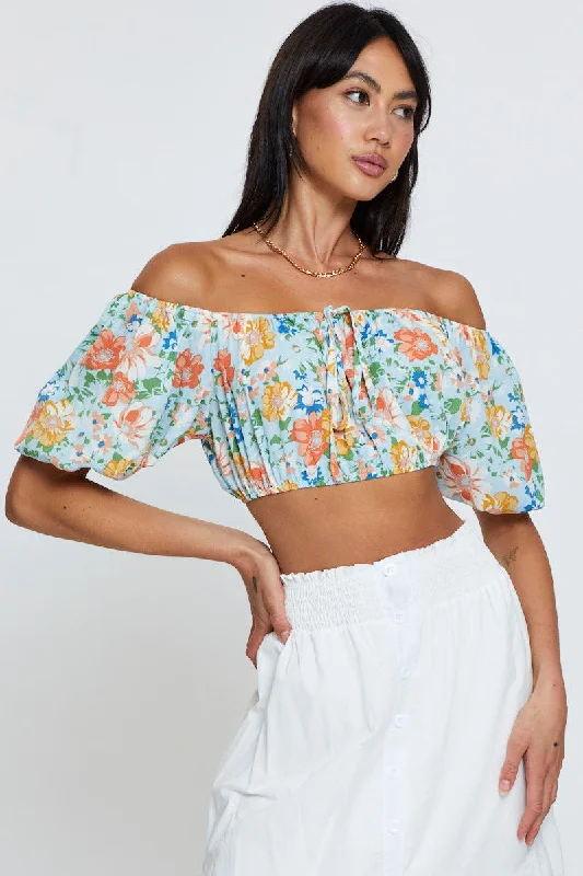 Print Top Short Sleeve Crop Off Shoulder