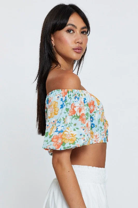 Print Top Short Sleeve Crop Off Shoulder