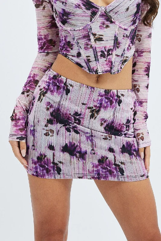 Purple Floral Mini Skirt Mid Rise Mesh