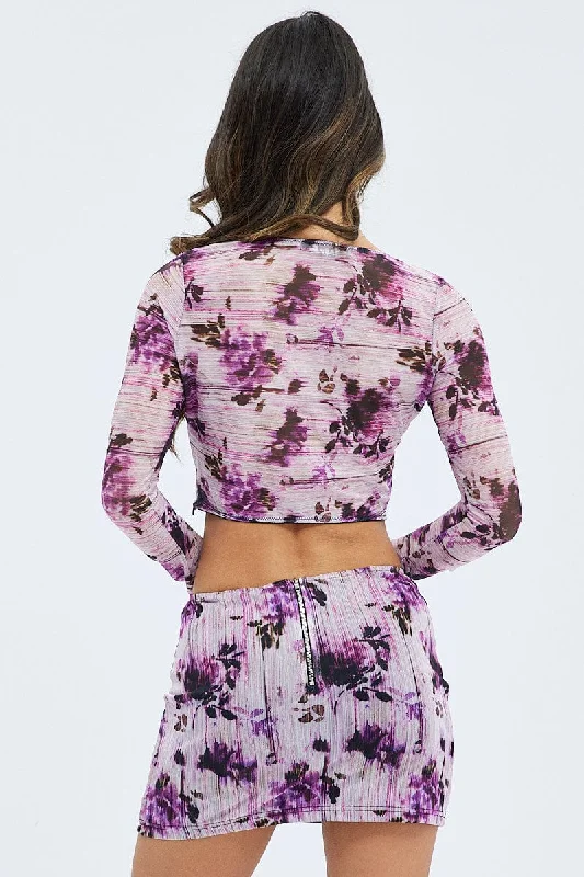 Purple Floral Mini Skirt Mid Rise Mesh