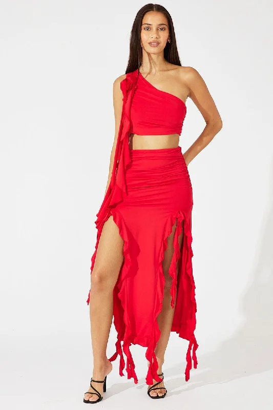 Red Crop Top One Shoulder Rose Ruffle Flower