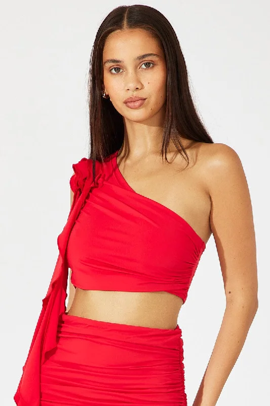 Red Crop Top One Shoulder Rose Ruffle Flower