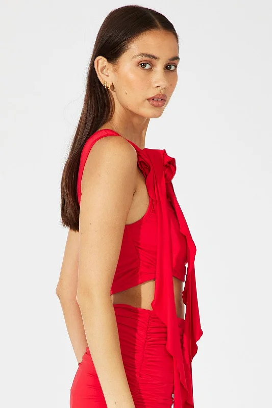 Red Crop Top One Shoulder Rose Ruffle Flower