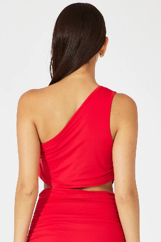 Red Crop Top One Shoulder Rose Ruffle Flower