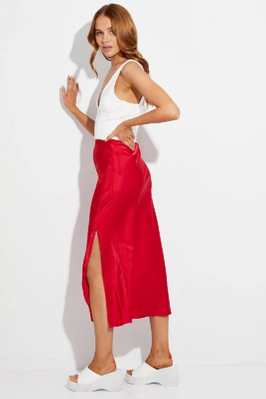 Red Slip Skirt Midi High Rise Satin