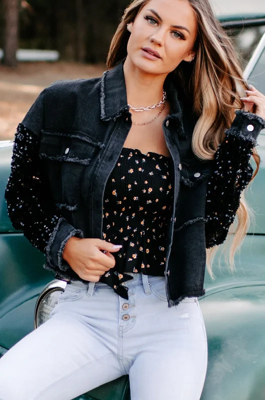 Release Your Worries Sequin Sleeve Denim Jacket (Black)