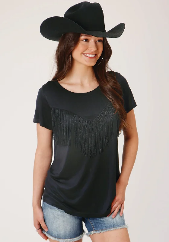 Roper Womens Black Poly/Rayon Fringe Knit S/S T-Shirt