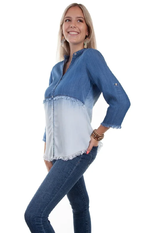 Scully Womens Denim Tencel Dip Dye S/S Blouse