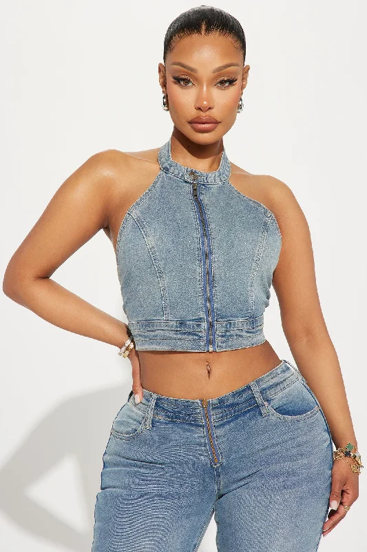 So Compatible Halter Denim Top - Medium Wash