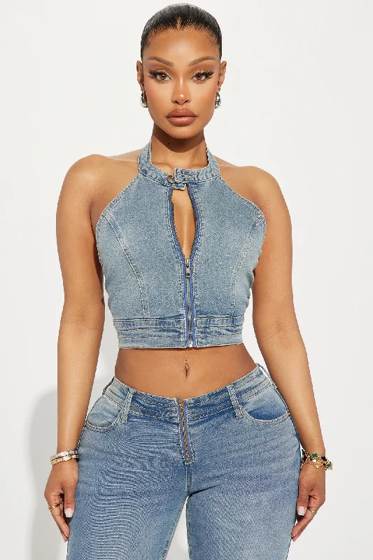 So Compatible Halter Denim Top - Medium Wash