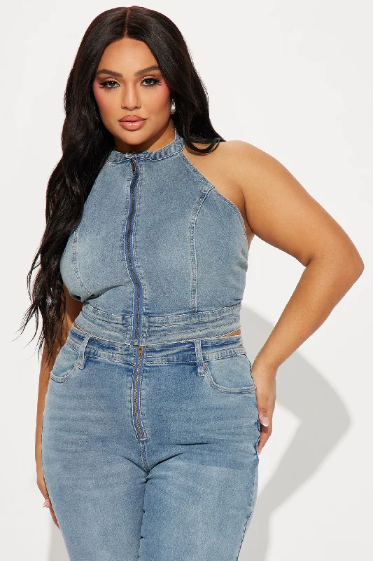 So Compatible Halter Denim Top - Medium Wash