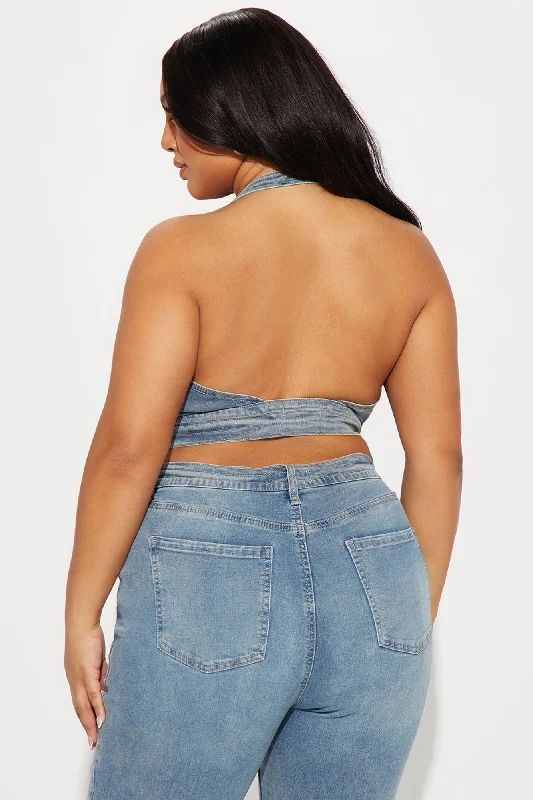 So Compatible Halter Denim Top - Medium Wash