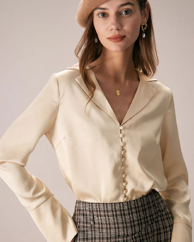 The Apricot Lapel Button Up Flare Sleeve Shirt