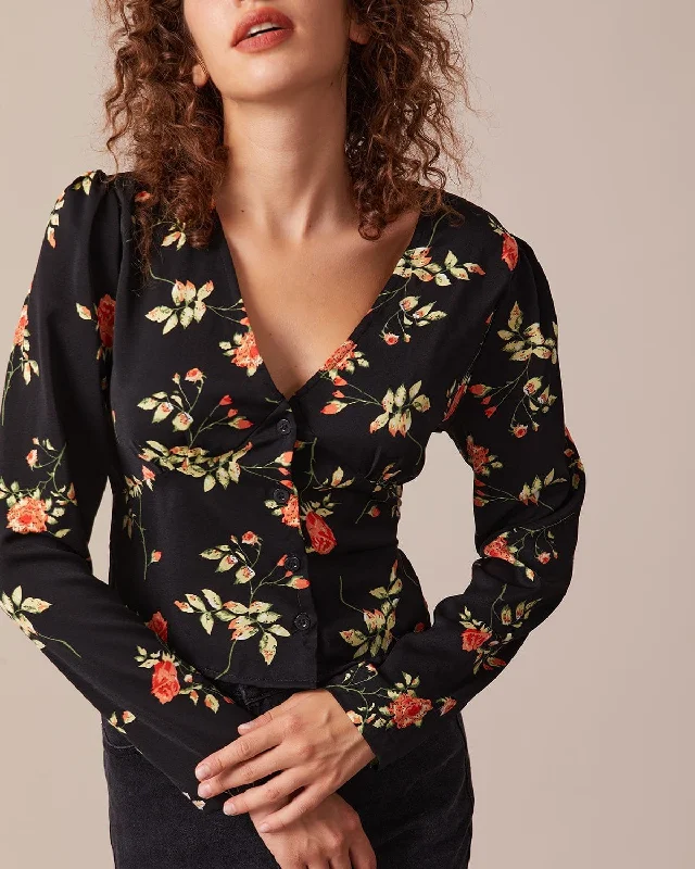 The Black V Neck Floral Button Up Blouse