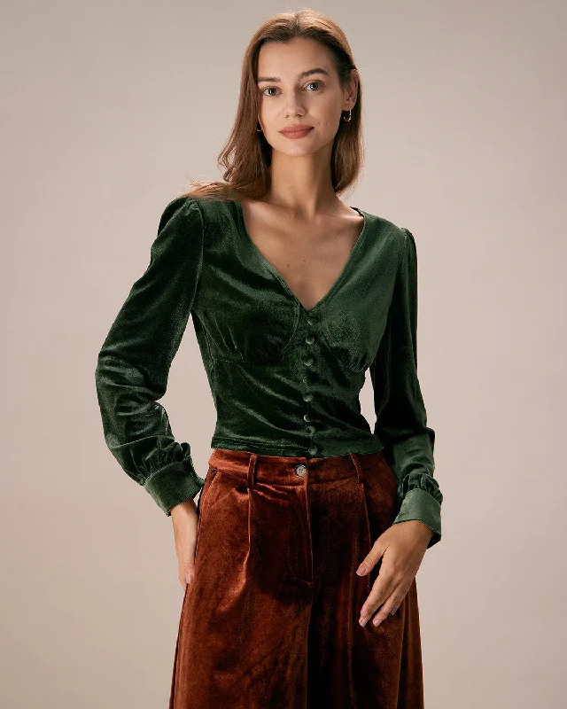 The Dark Green V Neck Button Velvet Blouse