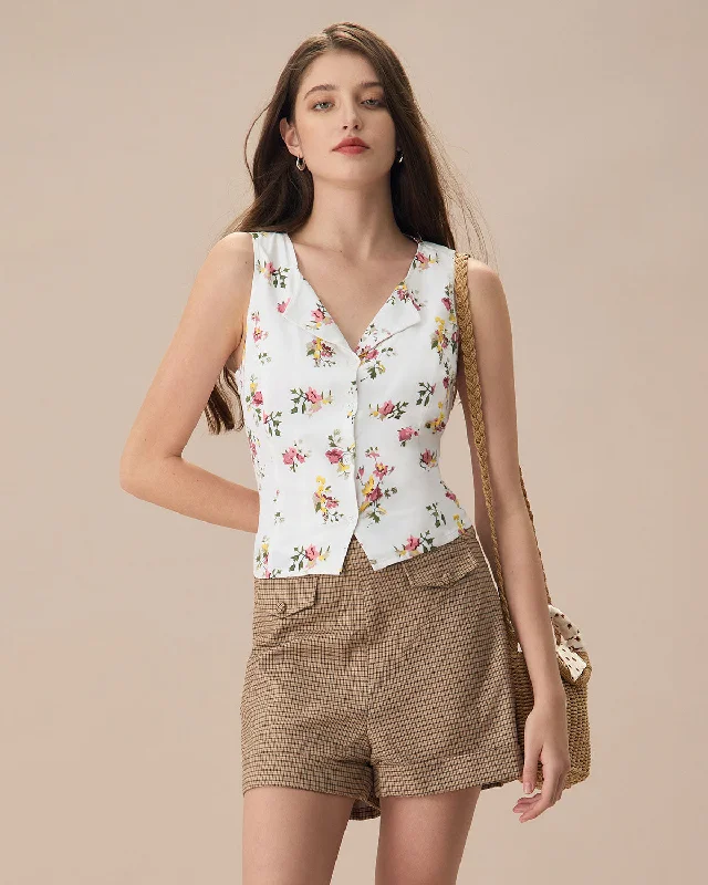 The White V Neck Floral Button Sleeveless Shirt