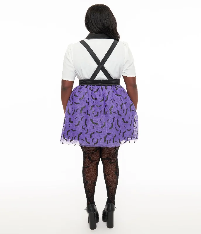 Unique Vintage Plus Size Purple & Black Glitter Bat Print Tulle Suspender Mini Skirt