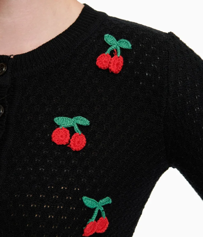 Vintage Style Black & Red Cherry Three-Quarter Sleeve Knit Crop Cardigan