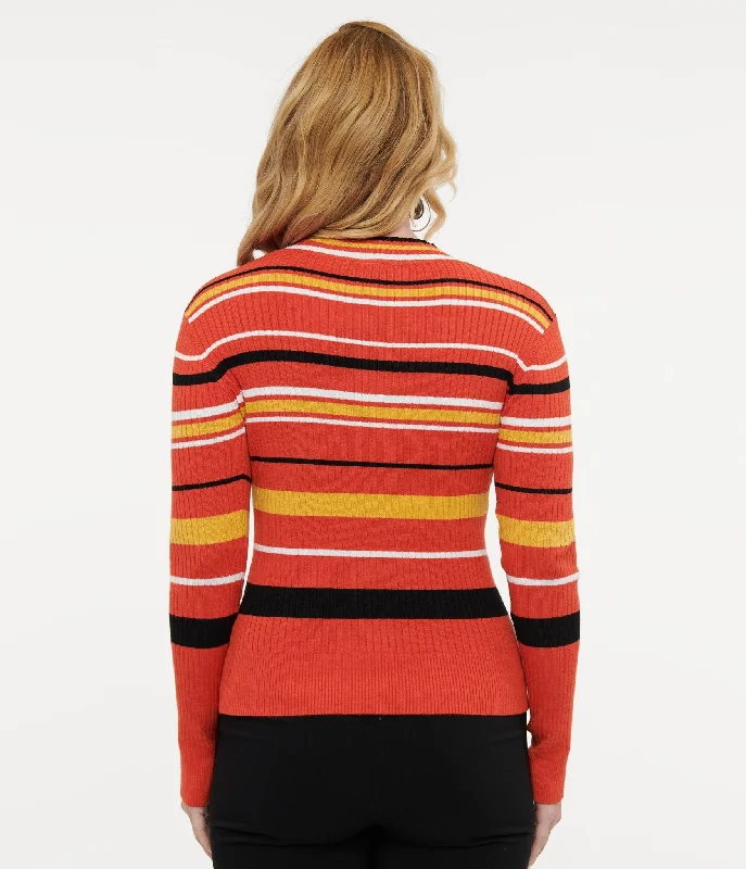 Voodoo Vixen 1970s Orange Striped High Neck Sweater