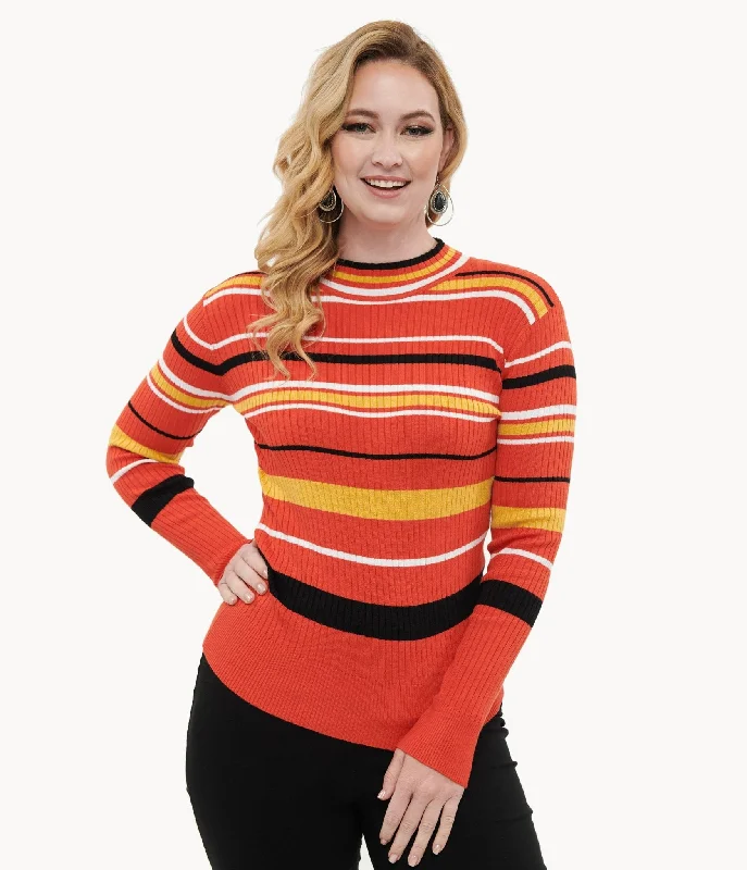 Voodoo Vixen 1970s Orange Striped High Neck Sweater