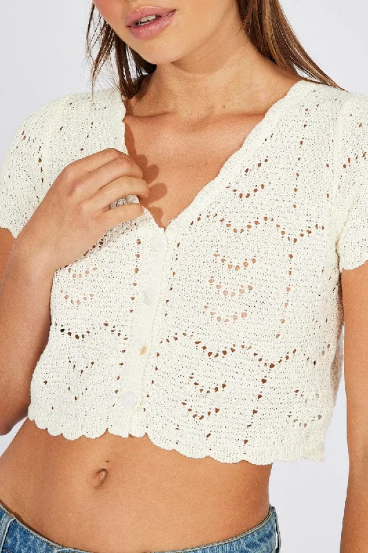 White Crochet Knit Cardigan Short Sleeve