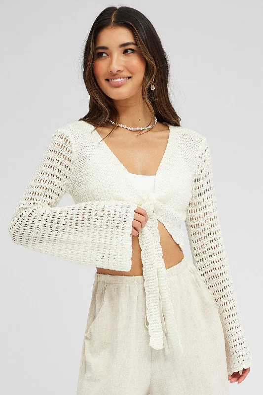 White Crochet Tie Up Cardigan