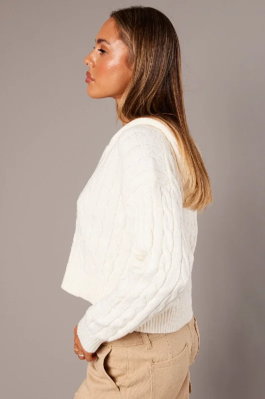 White Hooded Cardigan Long Sleeve Cable Knit Zip Up