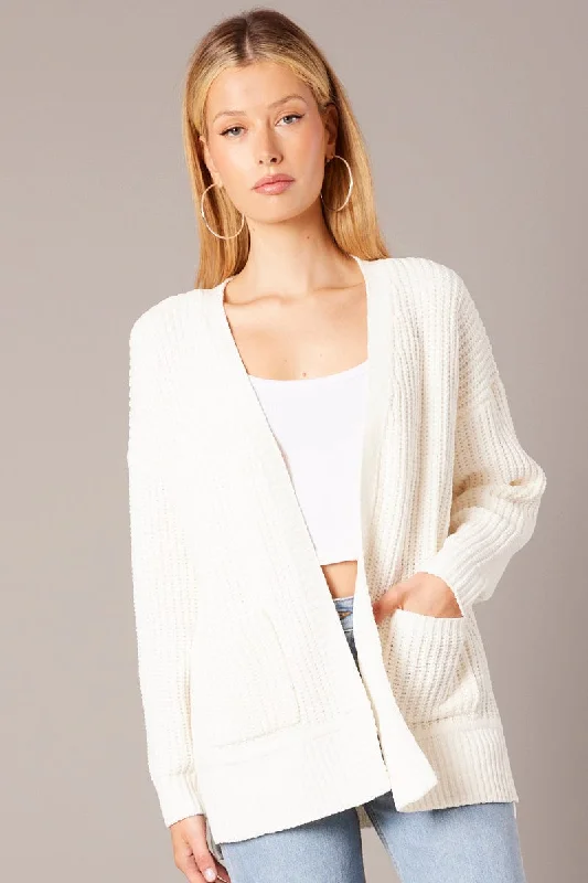 White Knit Cardigan Longline Chenille