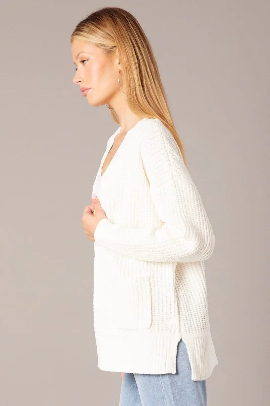 White Knit Cardigan Longline Chenille