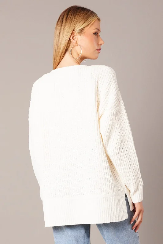 White Knit Cardigan Longline Chenille