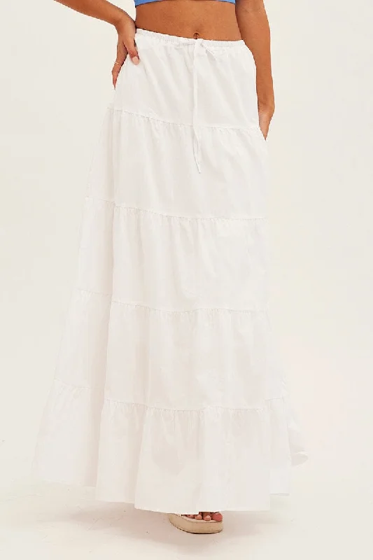 White Maxi Skirt Elastic Waist Tiered