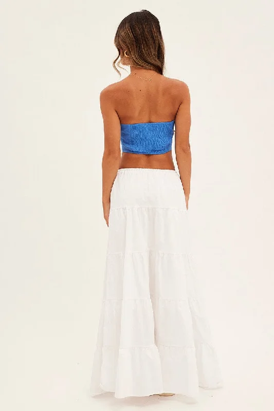 White Maxi Skirt Elastic Waist Tiered