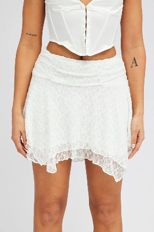 White Mini Skirt Asymmetric Lace