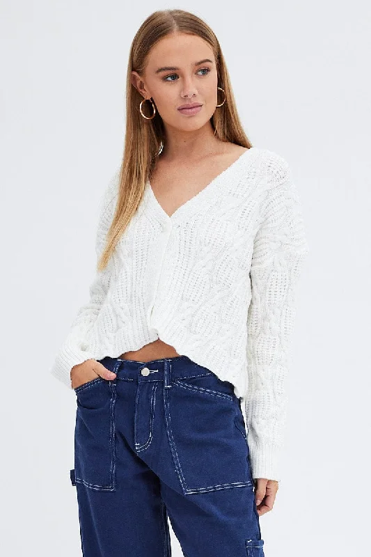 White Oversized Cable Knit Cardigan