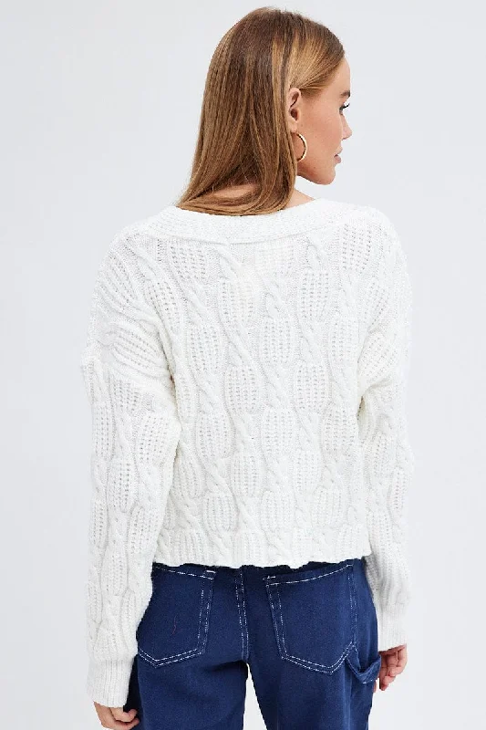 White Oversized Cable Knit Cardigan