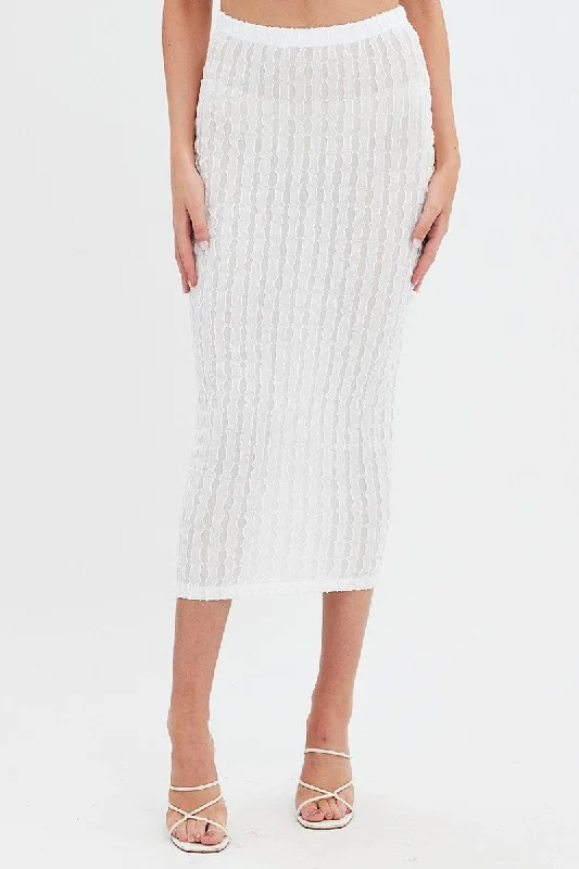 White Textured Midi Skirt