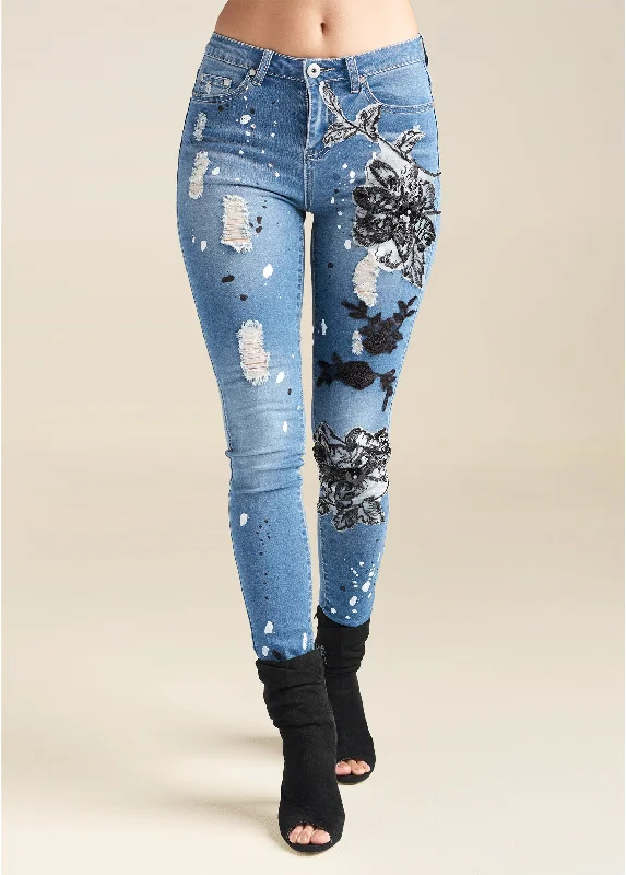 Floral applique skinny jeans - Medium Wash