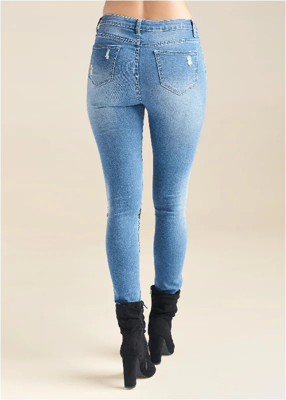 Floral applique skinny jeans - Medium Wash