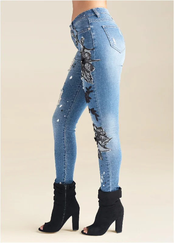 Floral applique skinny jeans - Medium Wash