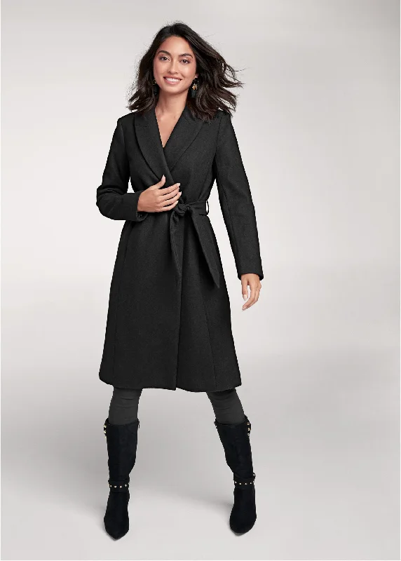 Belted faux-wool coat - Black