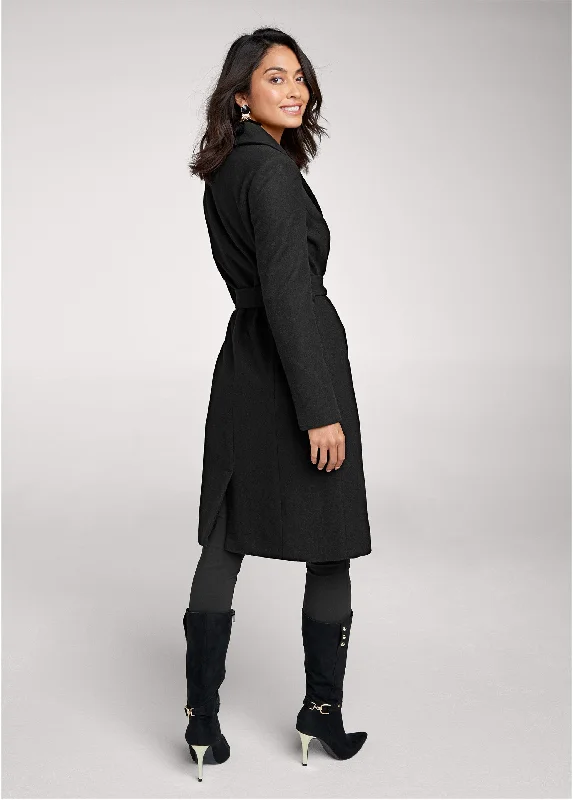 Belted faux-wool coat - Black