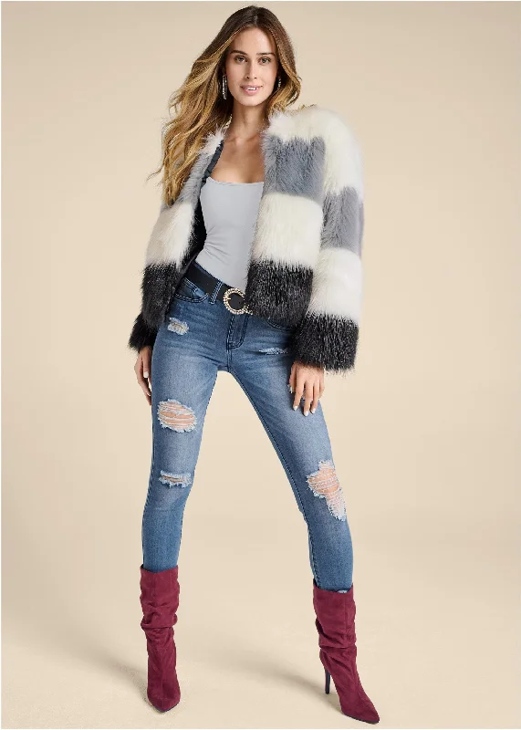 Striped faux fur coat  - White Multi