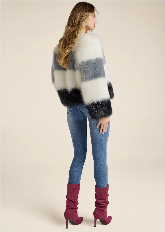 Striped faux fur coat  - White Multi